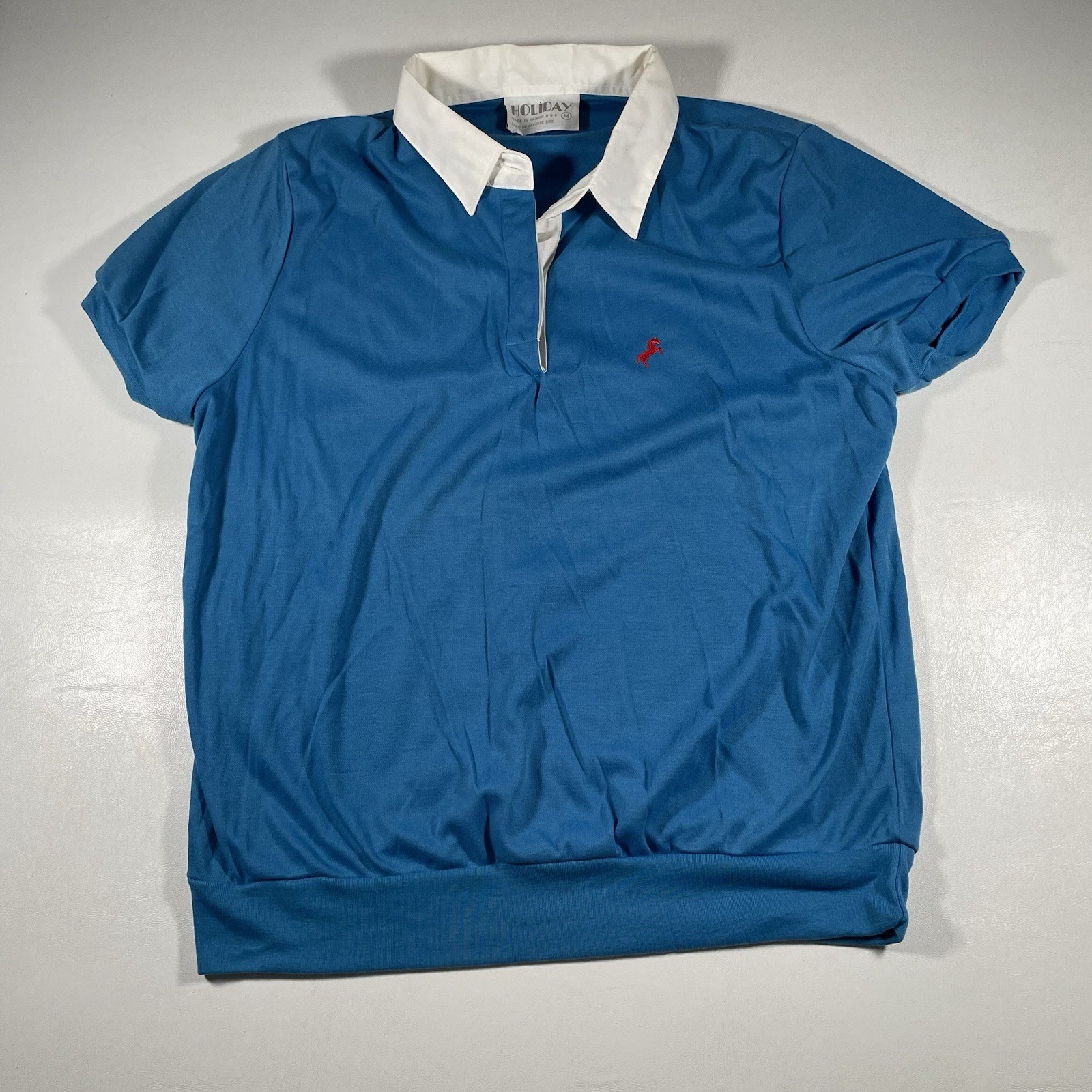 Vtg 70s Holiday Brand Womens Polo Shirt M Horse Graphic Logo Sears Sportswear