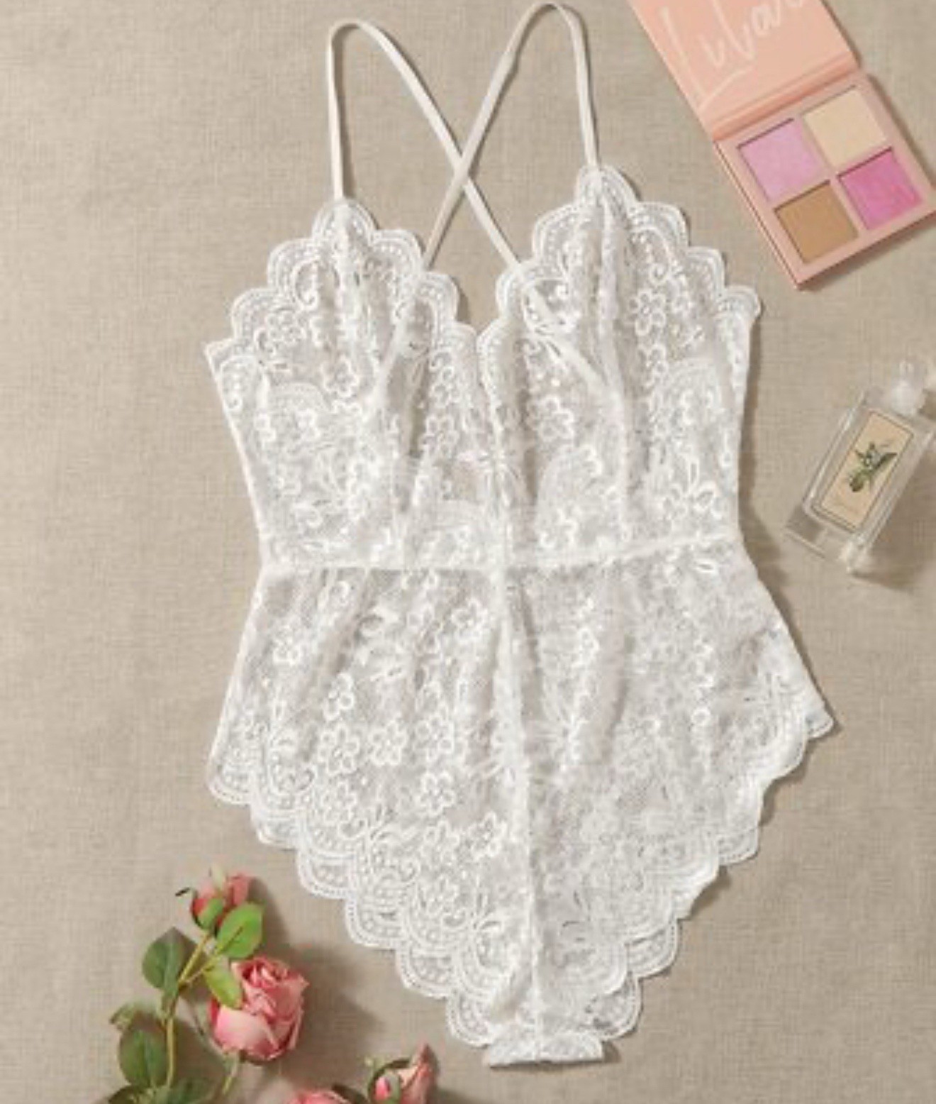 White Satin Teddy Lingerie Bodysuit Playsuit Romper Women’s Size M Floral Lace