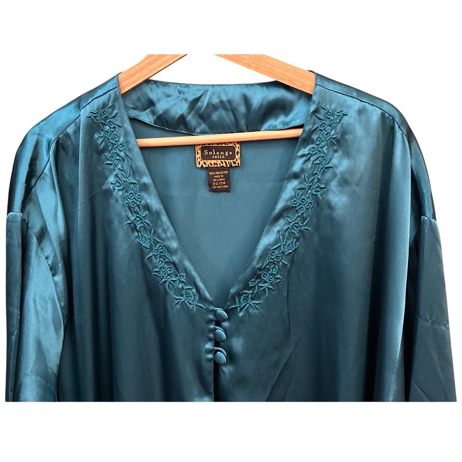 Vintage Solange Satin Robe Teal Blue Embroidered Regencycore Glamour Boudoir