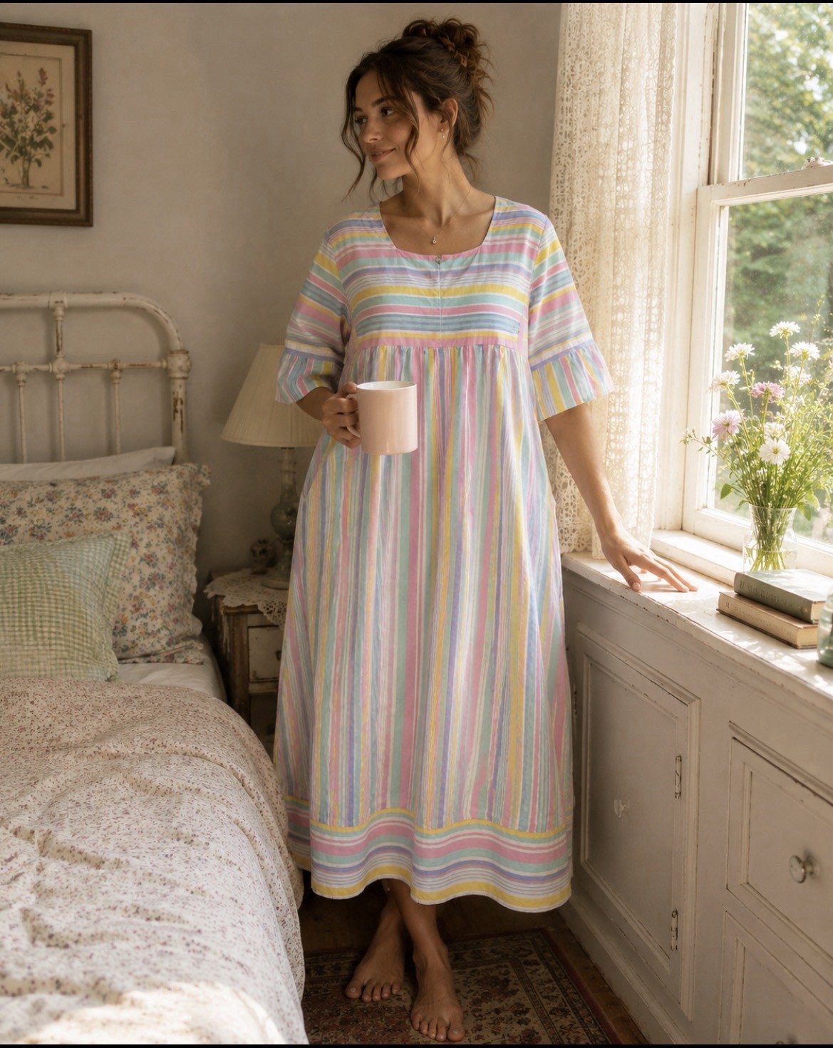 Vtg Lounge Bell Slv Caftan Pastel Striped Maxi Dress Babydoll Airy Modest Sz M