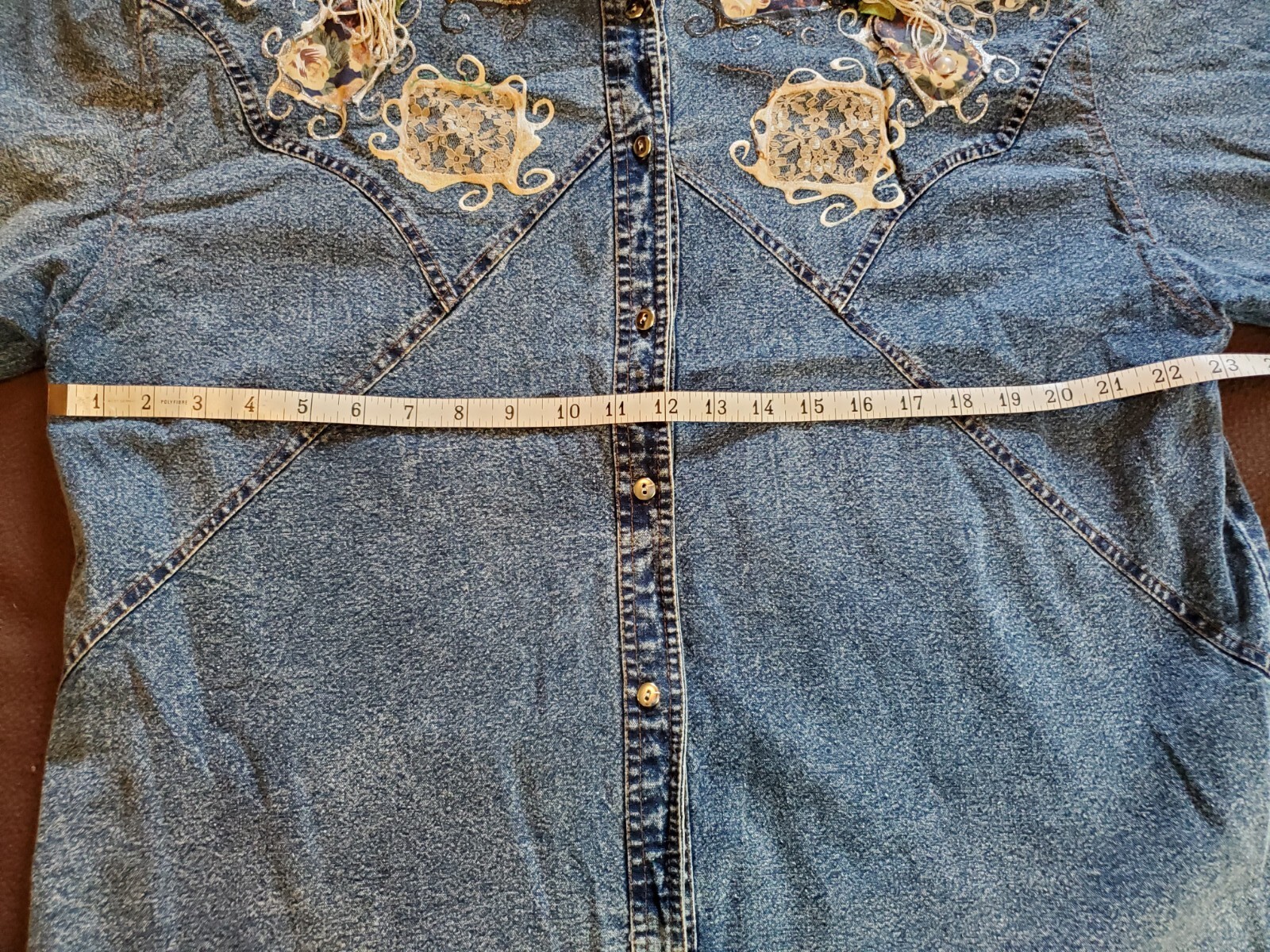 VTG 80s Denim Pretty Bleu Bedazzled Floral Button Long Sleeve Shirt Womens MED