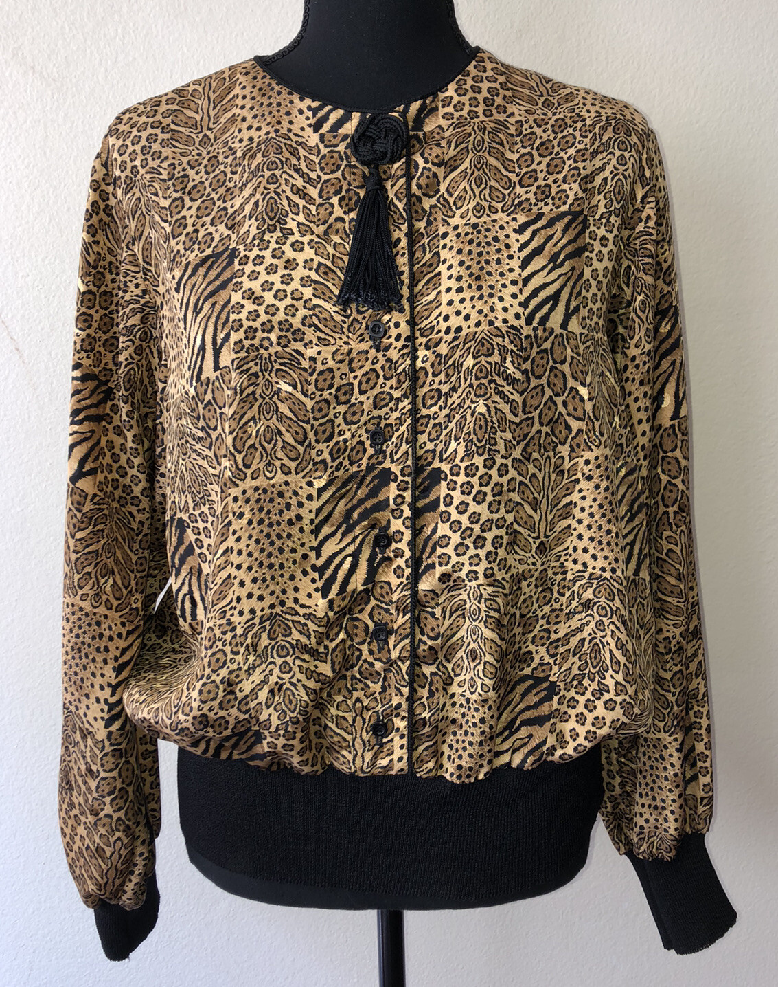 Vintage ’80s/’90s Leopard Animal Print Silky Blouson Blouse Banded Waist Large