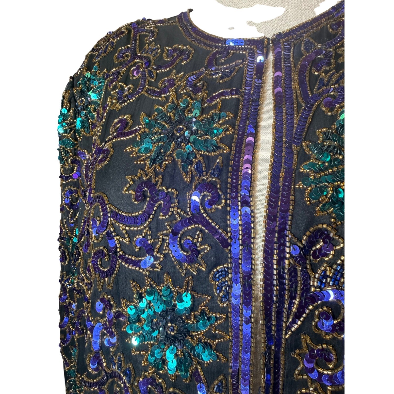 Scala Beaded Sequin Silk Jacket Womens M Black Teal Purple Excellent Vintage