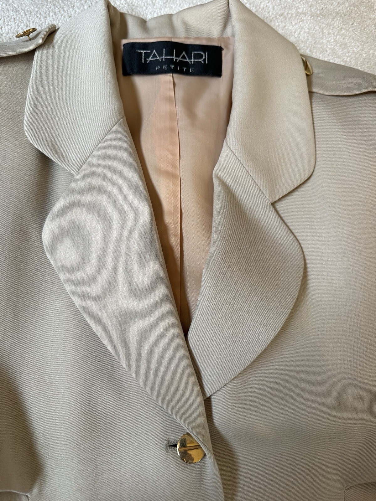 Vintage 1992 Tahari Petite Wool Beige Gabardine Coat dress Sz 8 Fully Lined READ