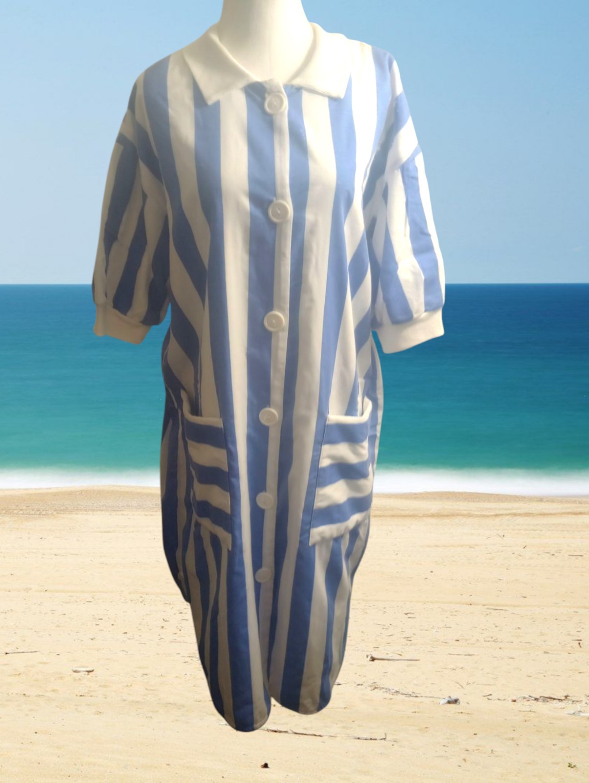VTG Charm Button Robe Dress Terri Cloth Lining Pockets Beach Cover Stripes Blue