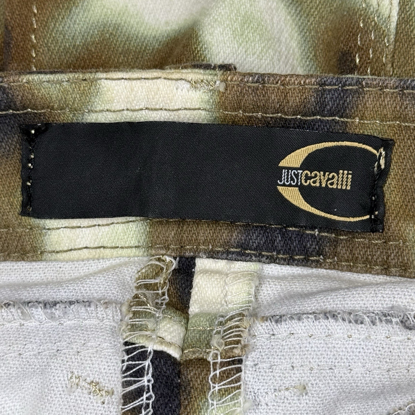Vtg JUST CAVALLI Denim Camo Signature Pencil Skirt 38 Gold Stitching Zip Italy