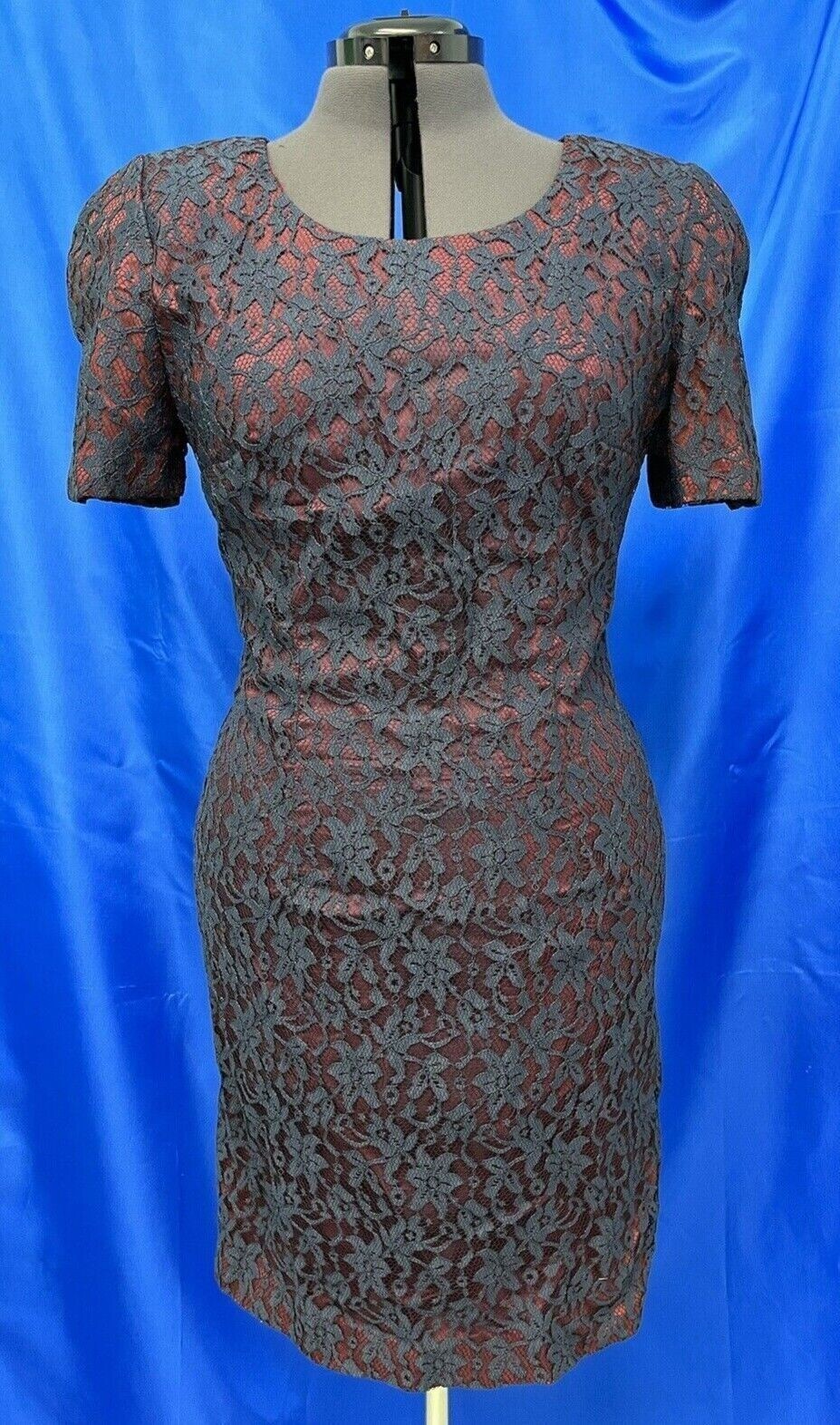 VINTAGE 70-80’s D.J.S. LTD DRESS NAVY FLORAL LACE BURGANDY LINED SHEATH SZ10