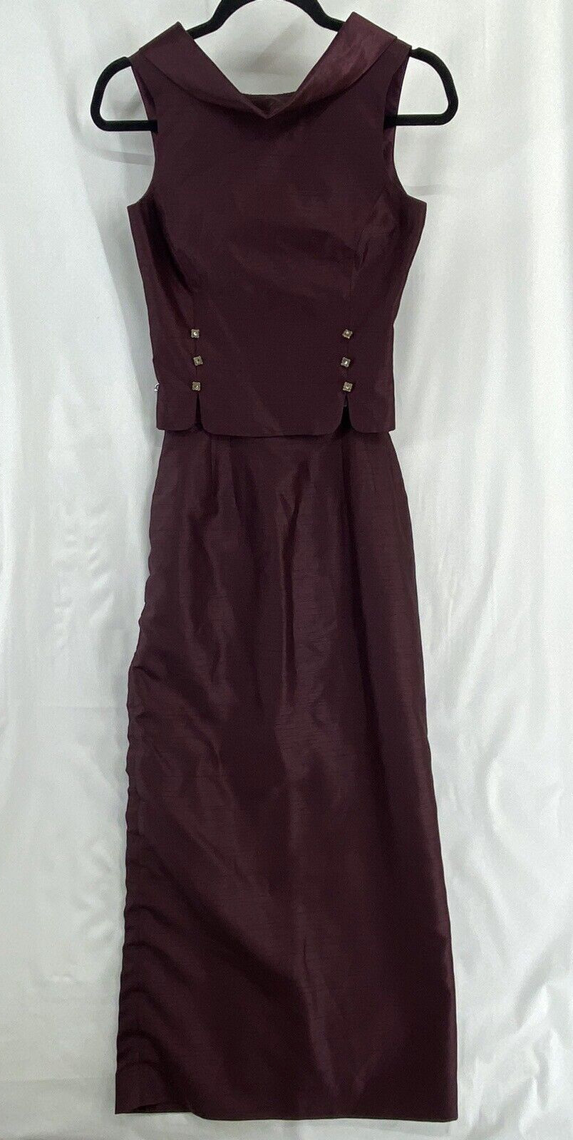 Vintage 2 Piece Top & Skirt XS Women’s Purple Plum Tafetta Rhinestone Sleeveless