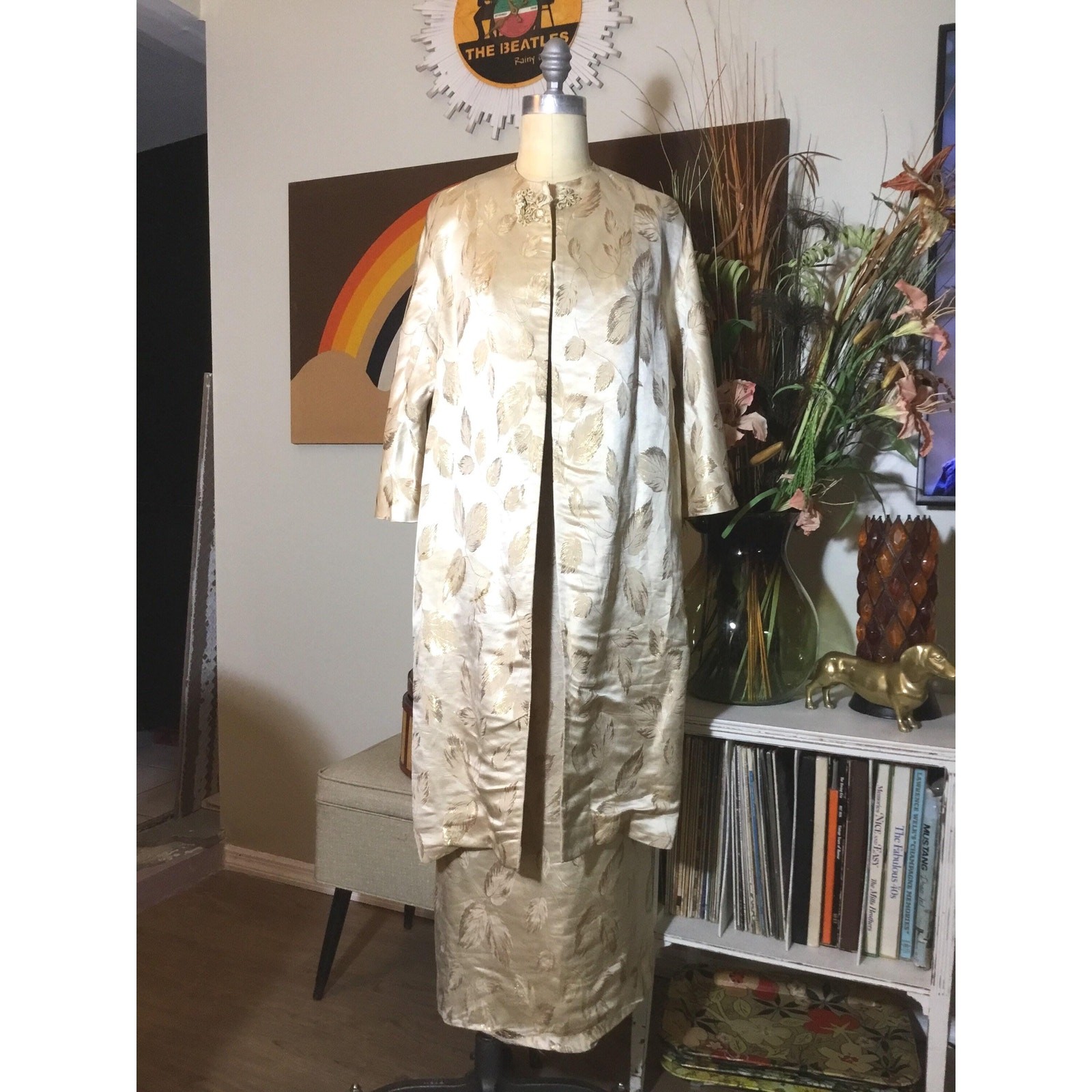 Van Ziang 1960s Shantung Silk Gown Coat Set Gold Leaf Lurex Brocade Ensemble