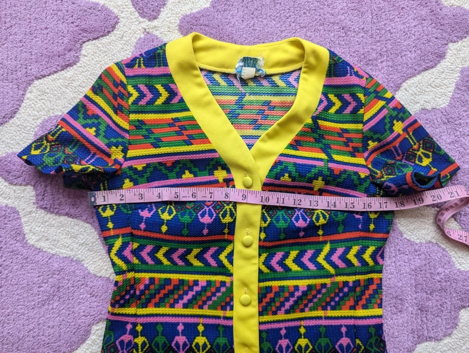 Vintage 70’s Hippie Funky Novelty Neon Rainbow Yellow Poly Tunic Top Size S/M