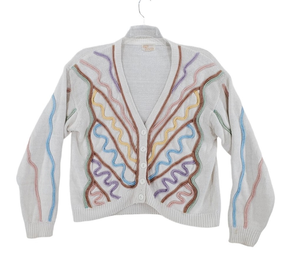 Cardigan Sweater Button V-Neck Cream Colorful Pastel Overstitch Cable M Vtg 80s