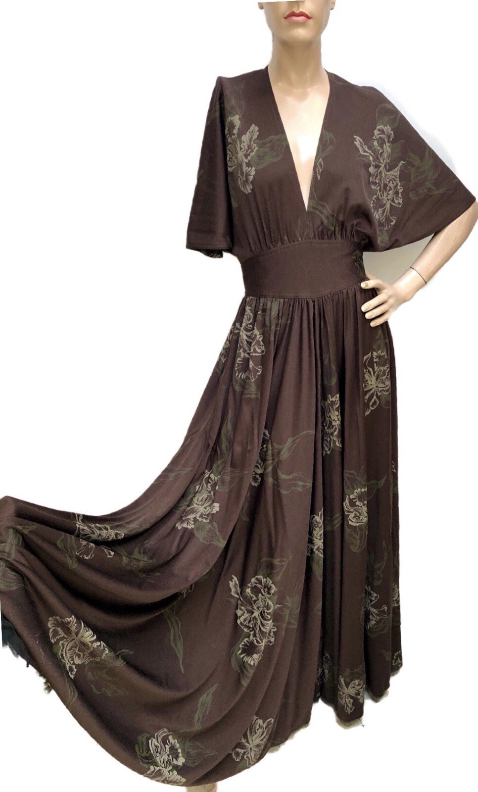 Vtg 1970s Bohemian Flutter Sleeve James Daugherty WRAP MAXI-DRESS w/IRIS Flowers