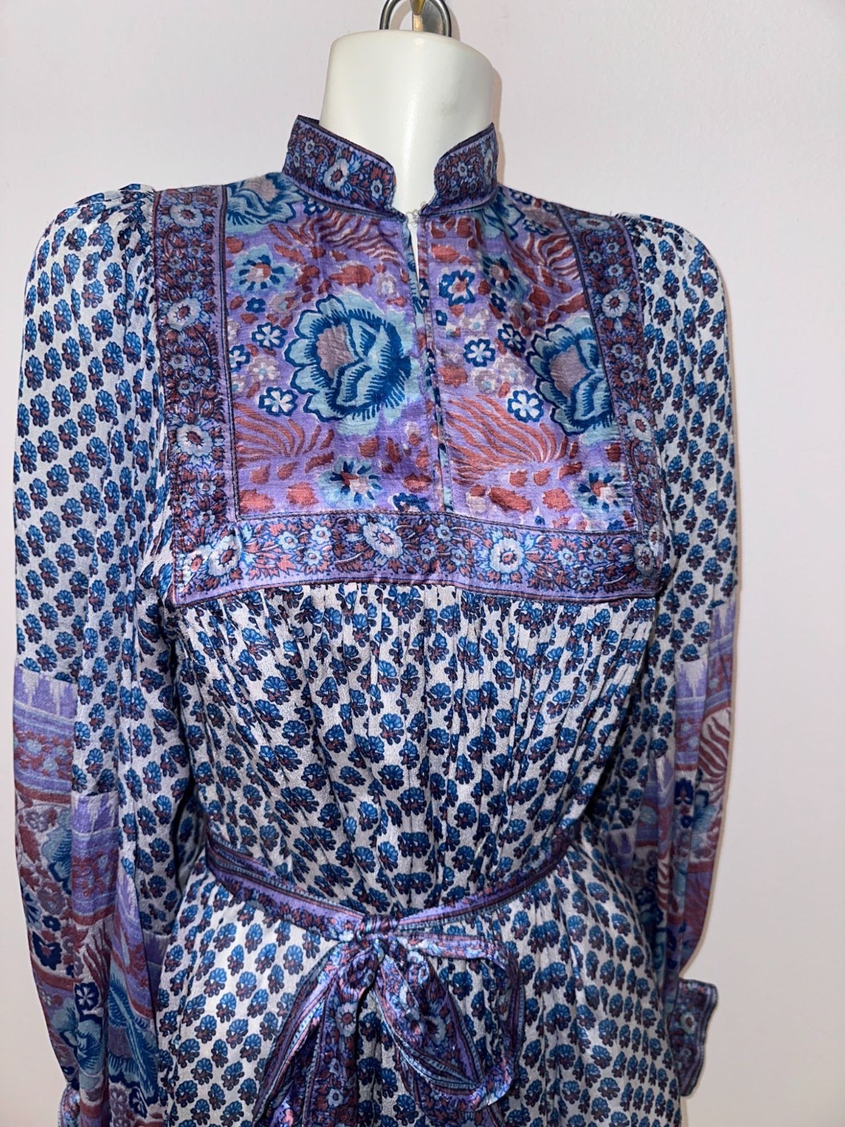 Vintage 70s Ritu Kumar Judith Ann Silk Block Blue Kaftan Dress XS Balloon Sleeve