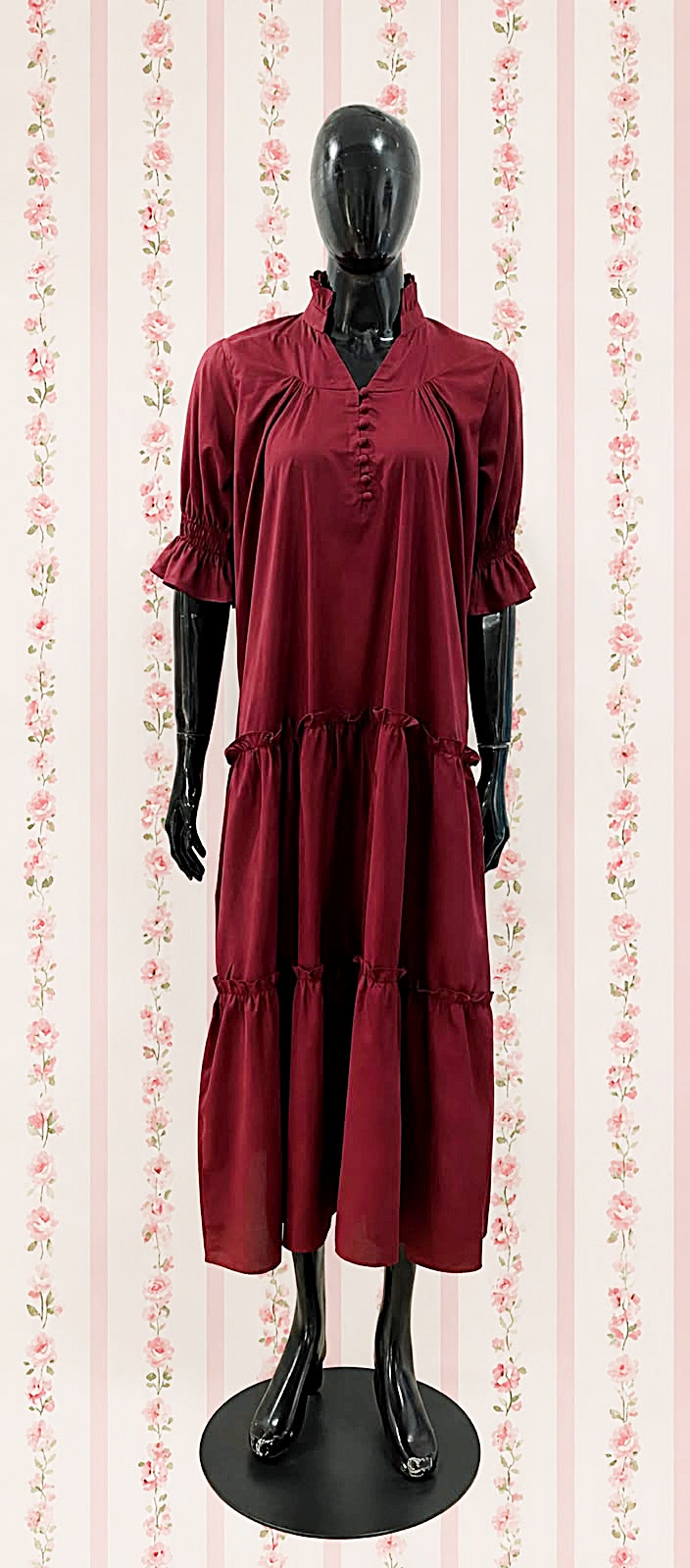 SoieRose 100% Cotton Burgundy Prairie Maxi Dress with Puff Sleeves – SR-1316