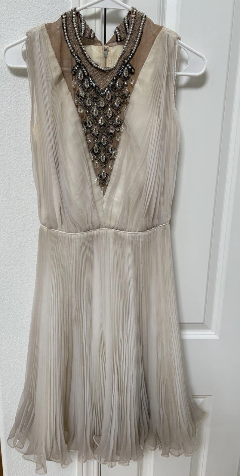 Vintage 60s Jack Bryan Ivory Beaded Pleated Ruffle Cocktail Dress Gatsby S/M