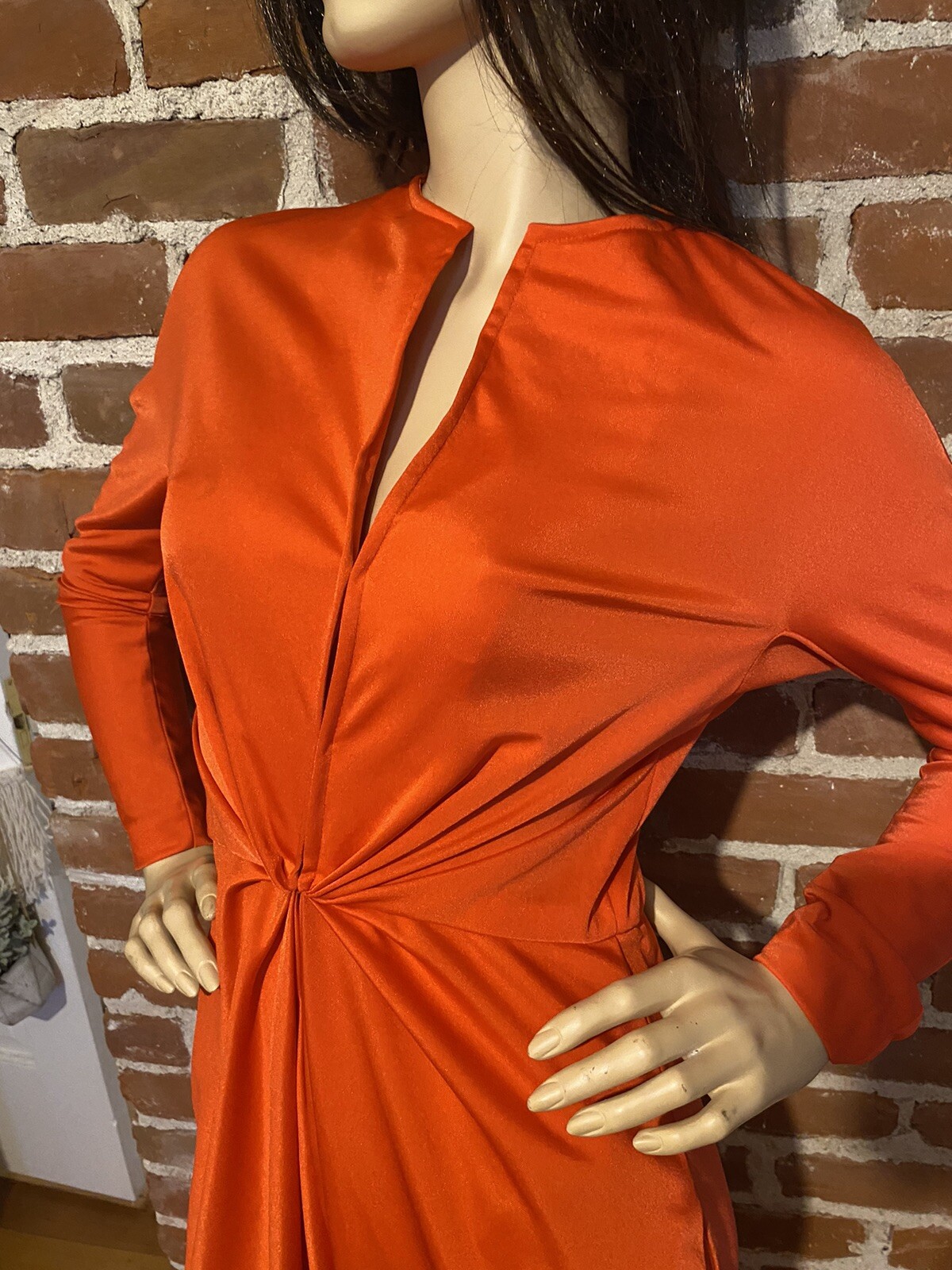 Halston IV Vintage 70s Women’s Dorian Caftan Maxi Dress Orange Red O/S Deep V