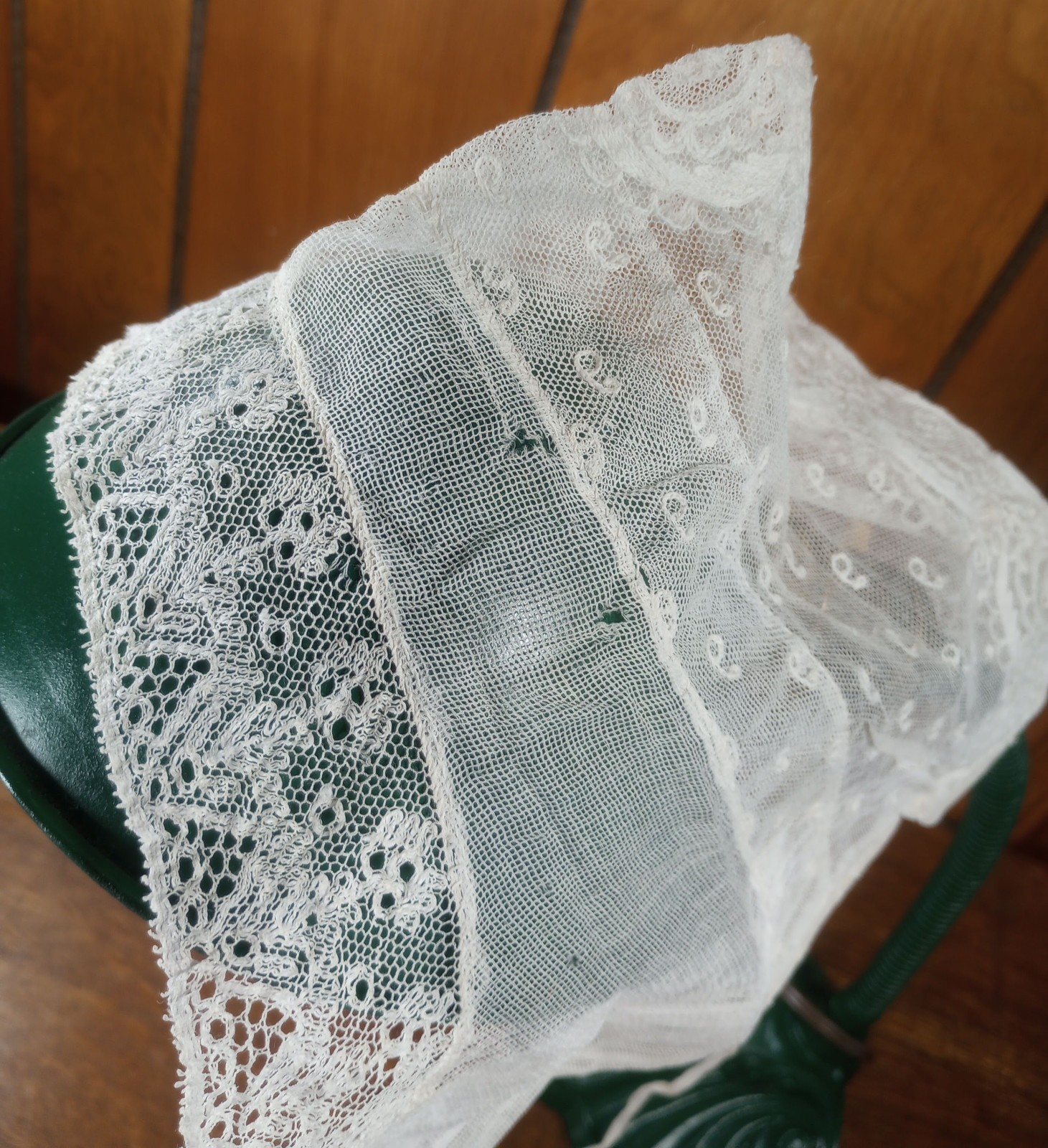 ANTIQUE Victorian Appliquéd LACE BONNET Fine Mesh Net