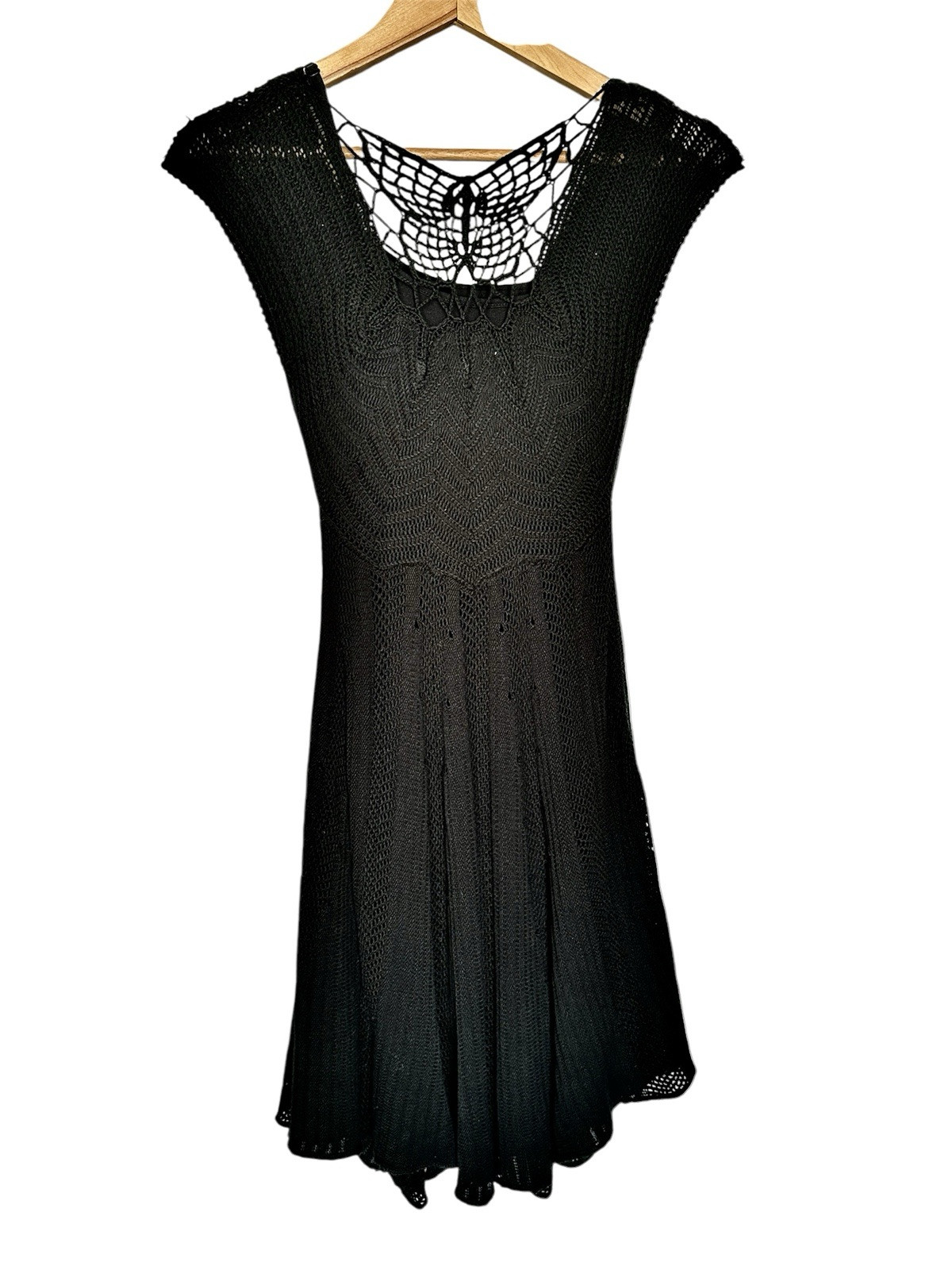 Vintage Crocheted Dress Size S 70s Black Knit Butterfly Full Circle Skirt Sheer