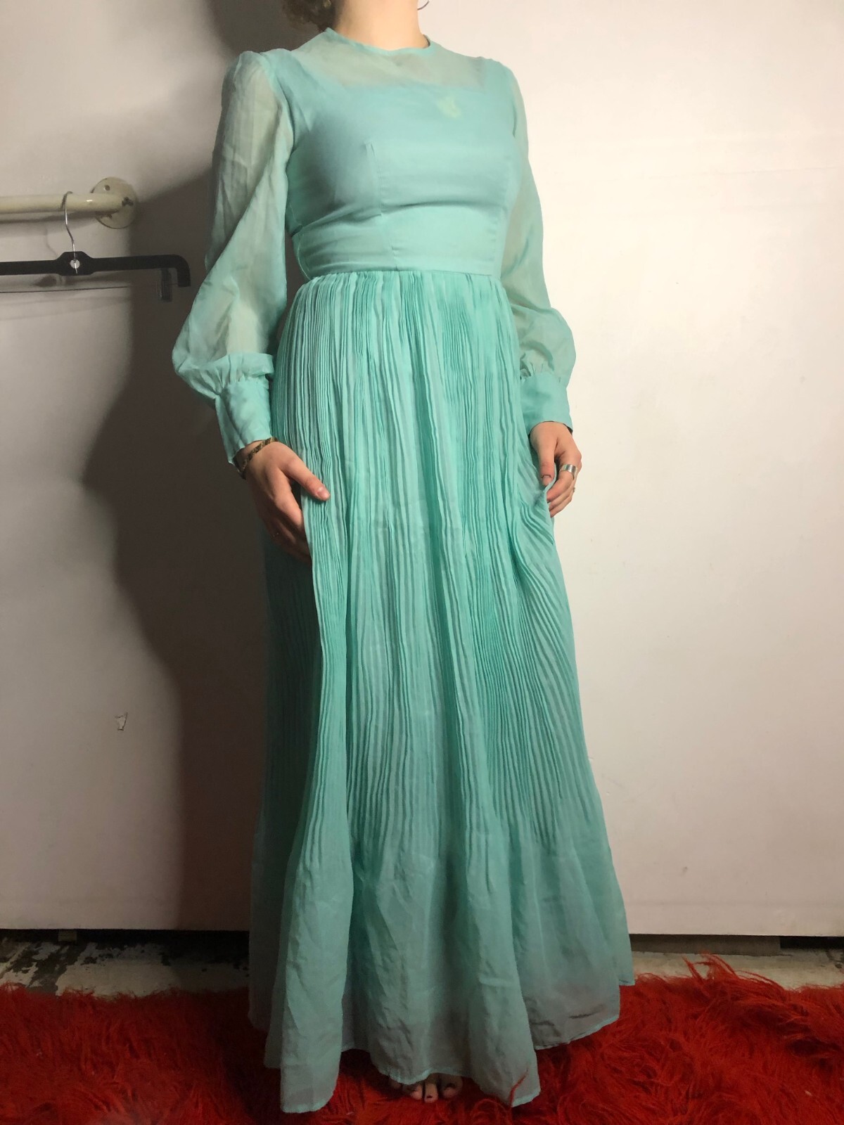 Vintage 1980s Teal Blue Kaftan Dress Chiffon Sleeves Prairie Boho AU 14 16