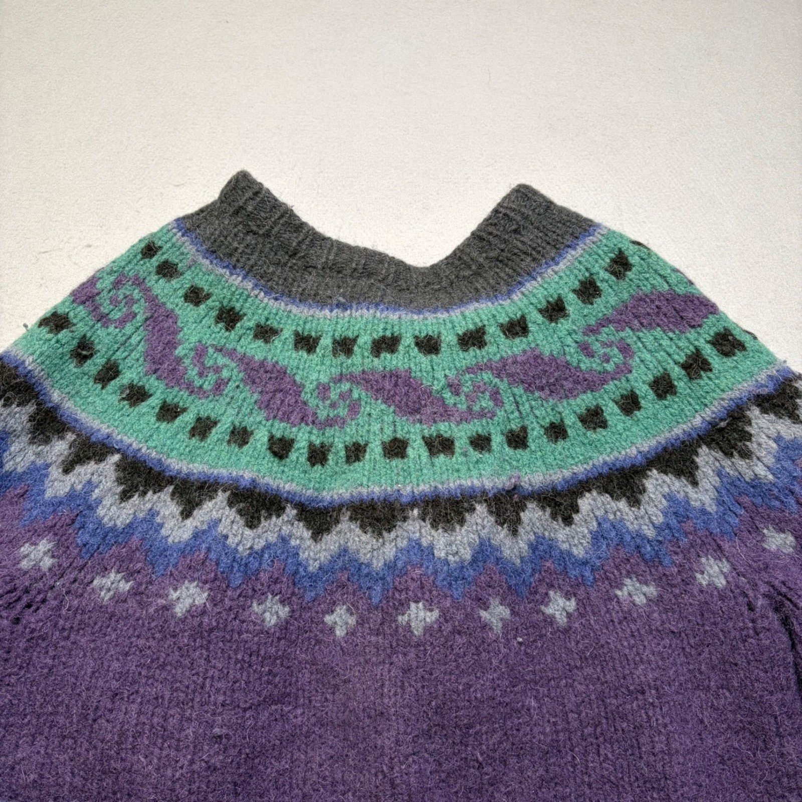 Bolivian Hand Knit Cardigan Women L Purple Teal Fair Isle Wool Vintage Sweater