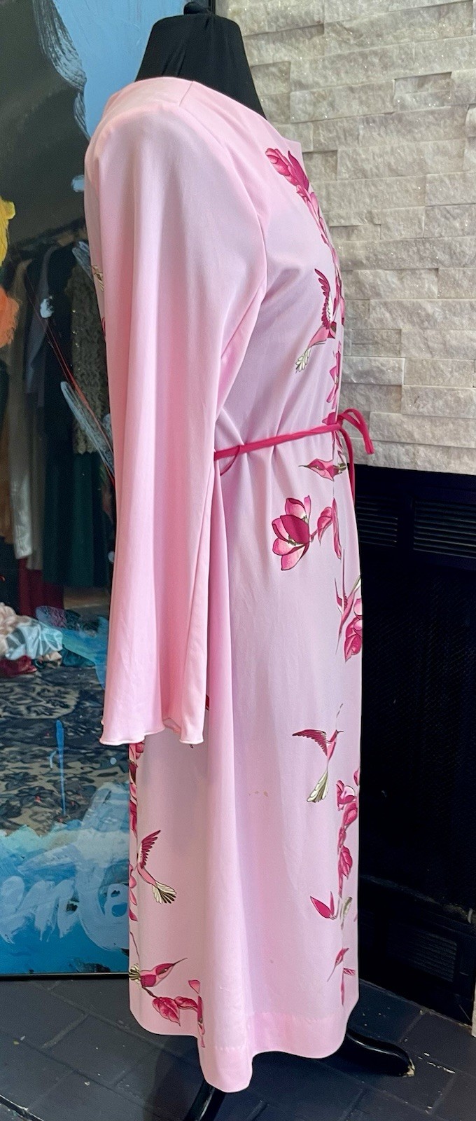 VTG Miss Shaheen Hawaiian 70s Pink Floral Hummingbird Sheath Belted Dress