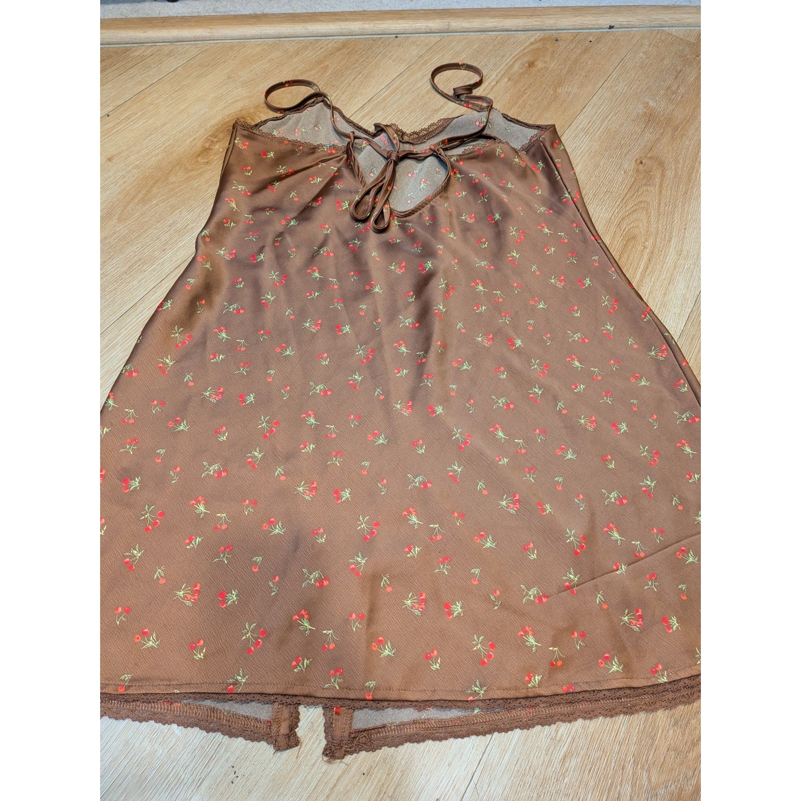 🍒 90s Style Cherry Print Babydoll Slip Dress Coquette Lace Trim Going Out Dress
