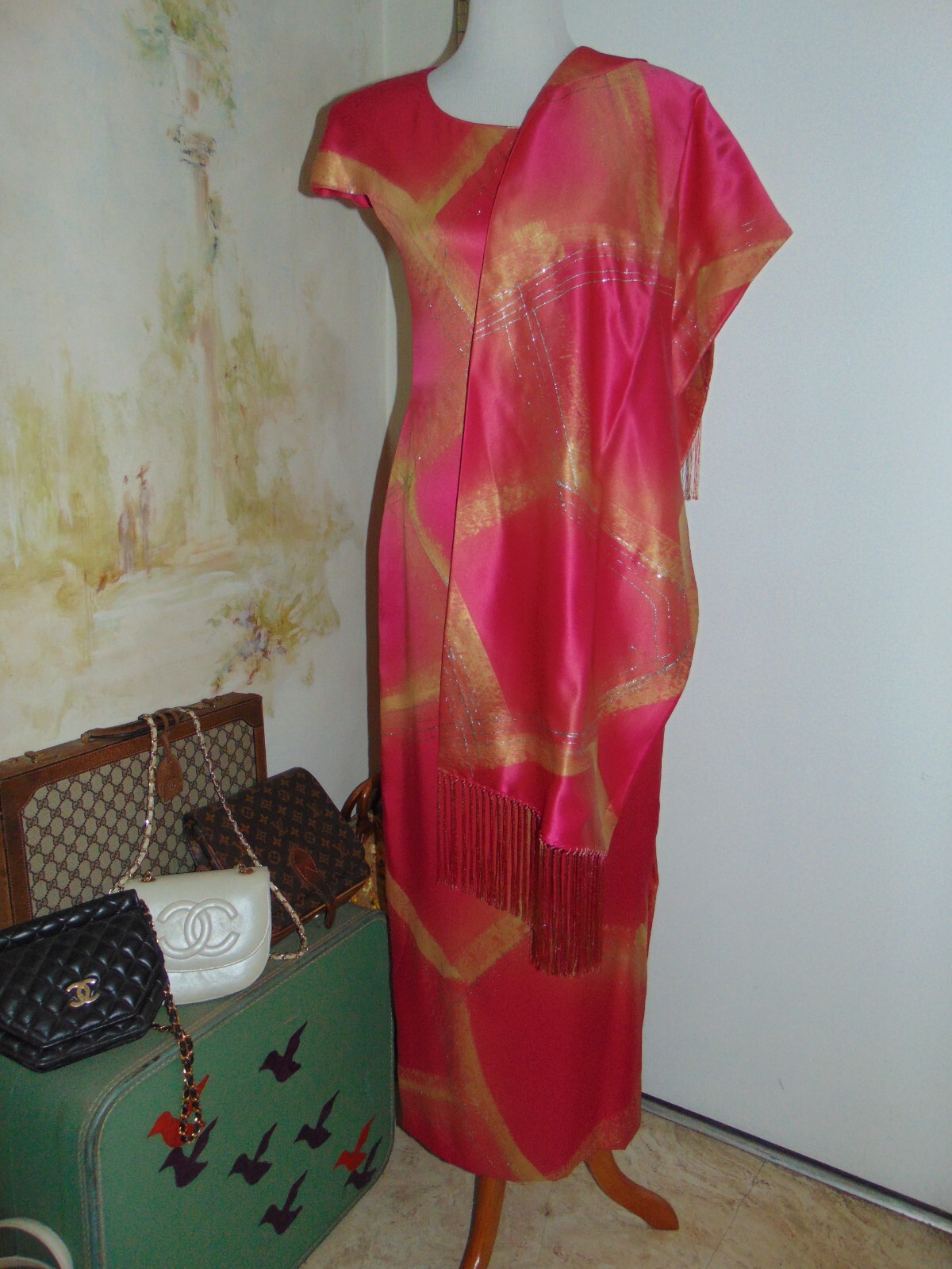 William Pearson Designer Vintage Dress Cheongsam Slit Rose Pink Gold Silver sz 6