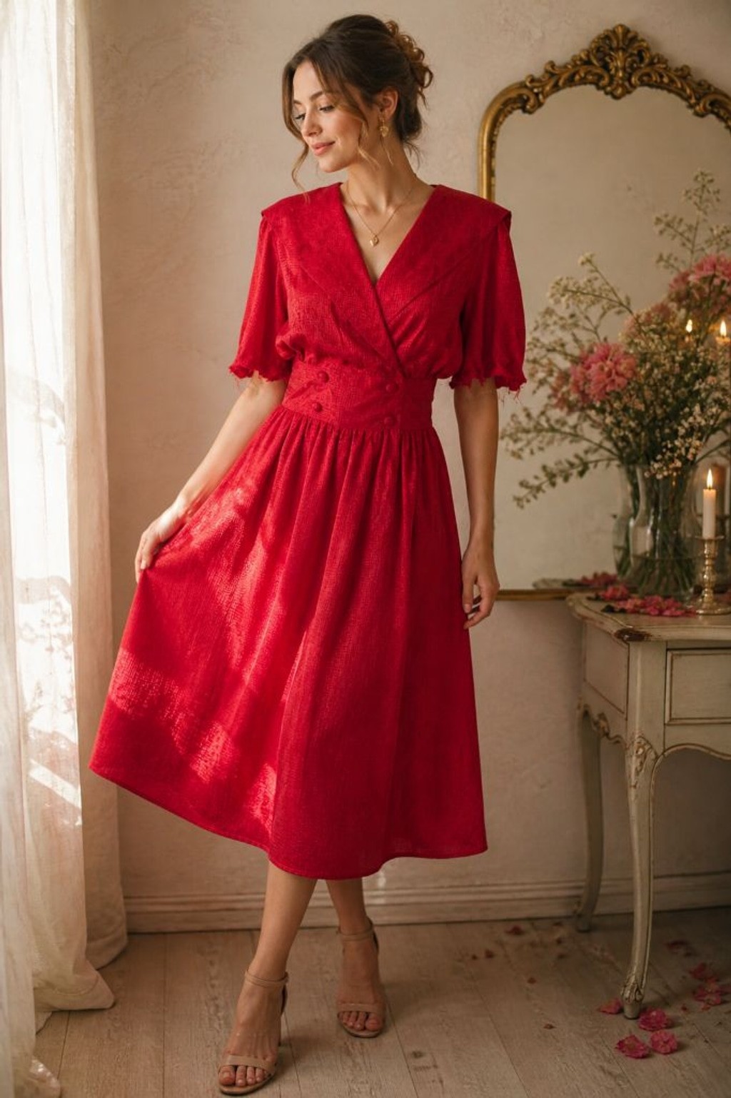 Vintage 80s Red Silk Dress Wrap Bodice Puff Sleeve Midi Cummerbund Waist