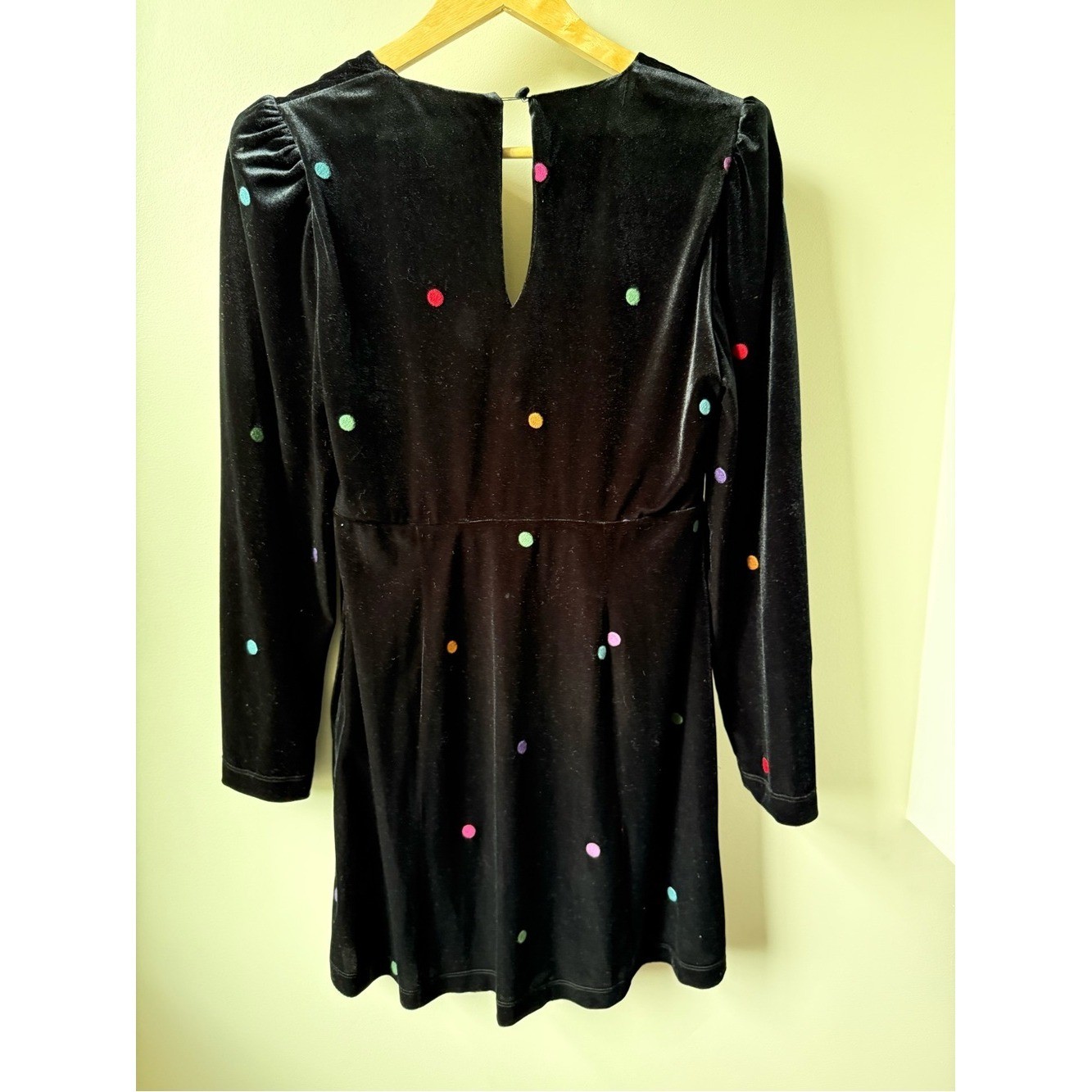 FARM RIO Embroidered Velvet Mini Dress Polka Dot Retro Whimsy Black Rainbow M