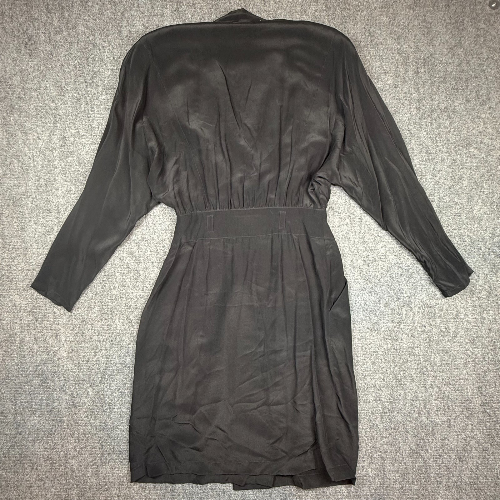 90s Ambria Silk Belted Dress Modesty Midi Length Black Size 6 Vintage 1990s