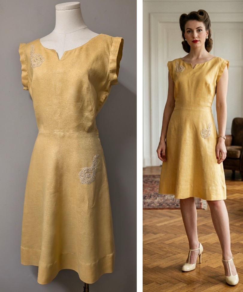 Vintage 40’s Linen Yellow Gold Dress Side Metal Zipper Embroidered Appliques S