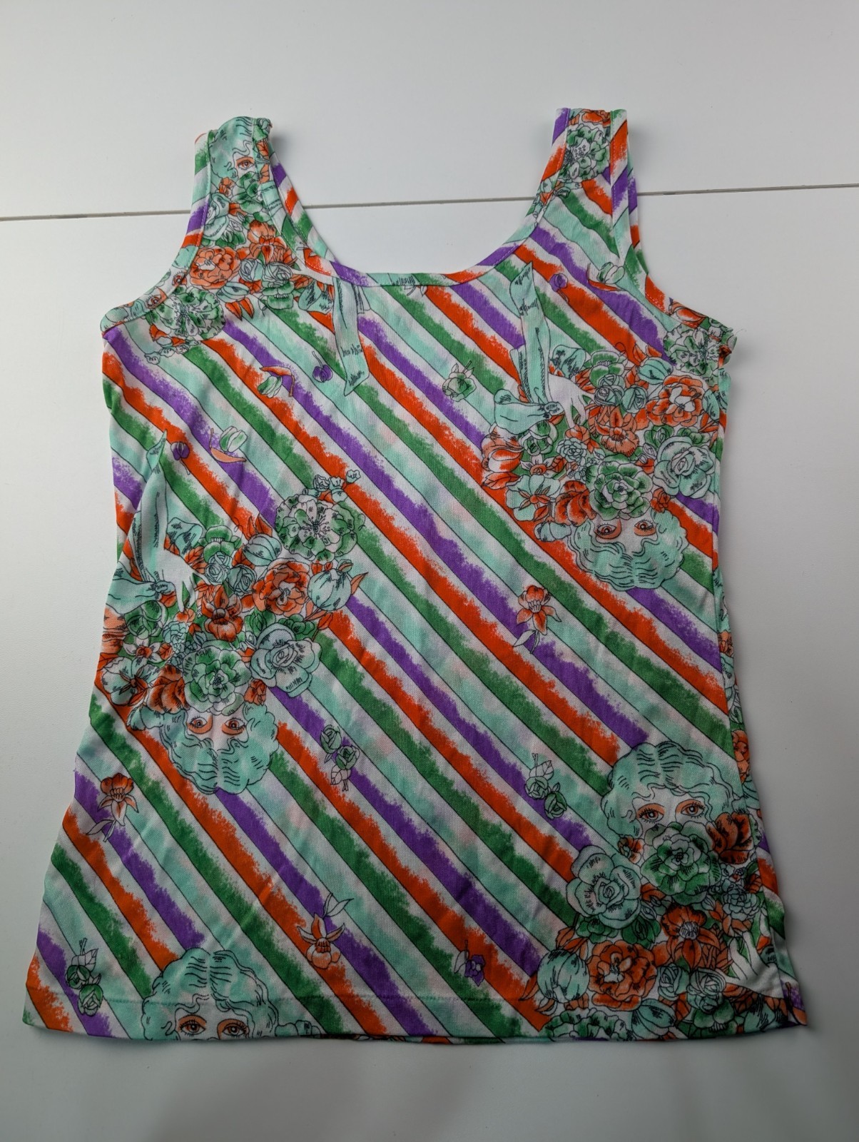 Vintage Debenhams Nylon Tank Top Psychedelic Floral Mod Striped Stretch S/M