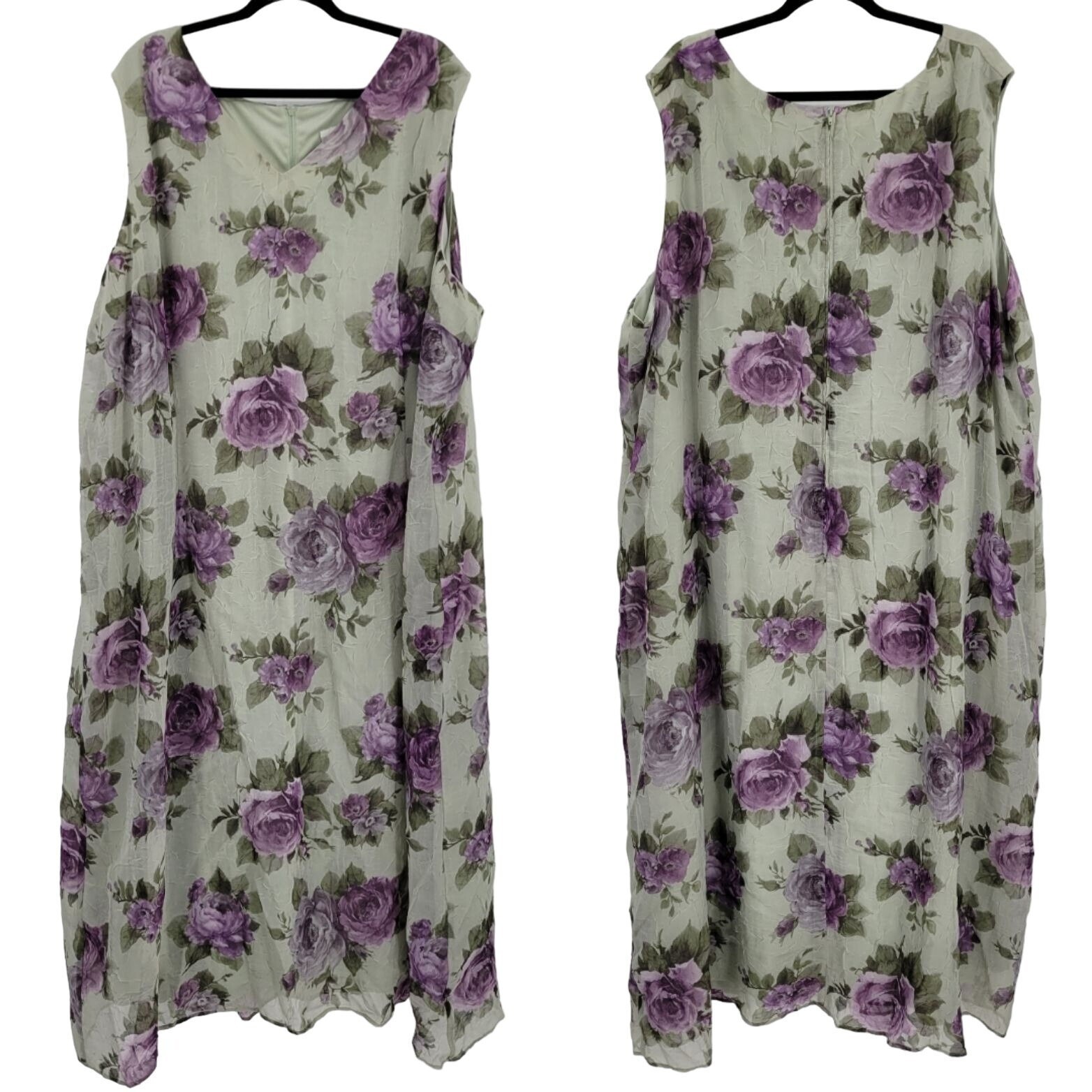 Vtg 80s Modest Cottage Core Sheer Crinkle 2pc Dress Set Plus Sz 32W Maxi Floral