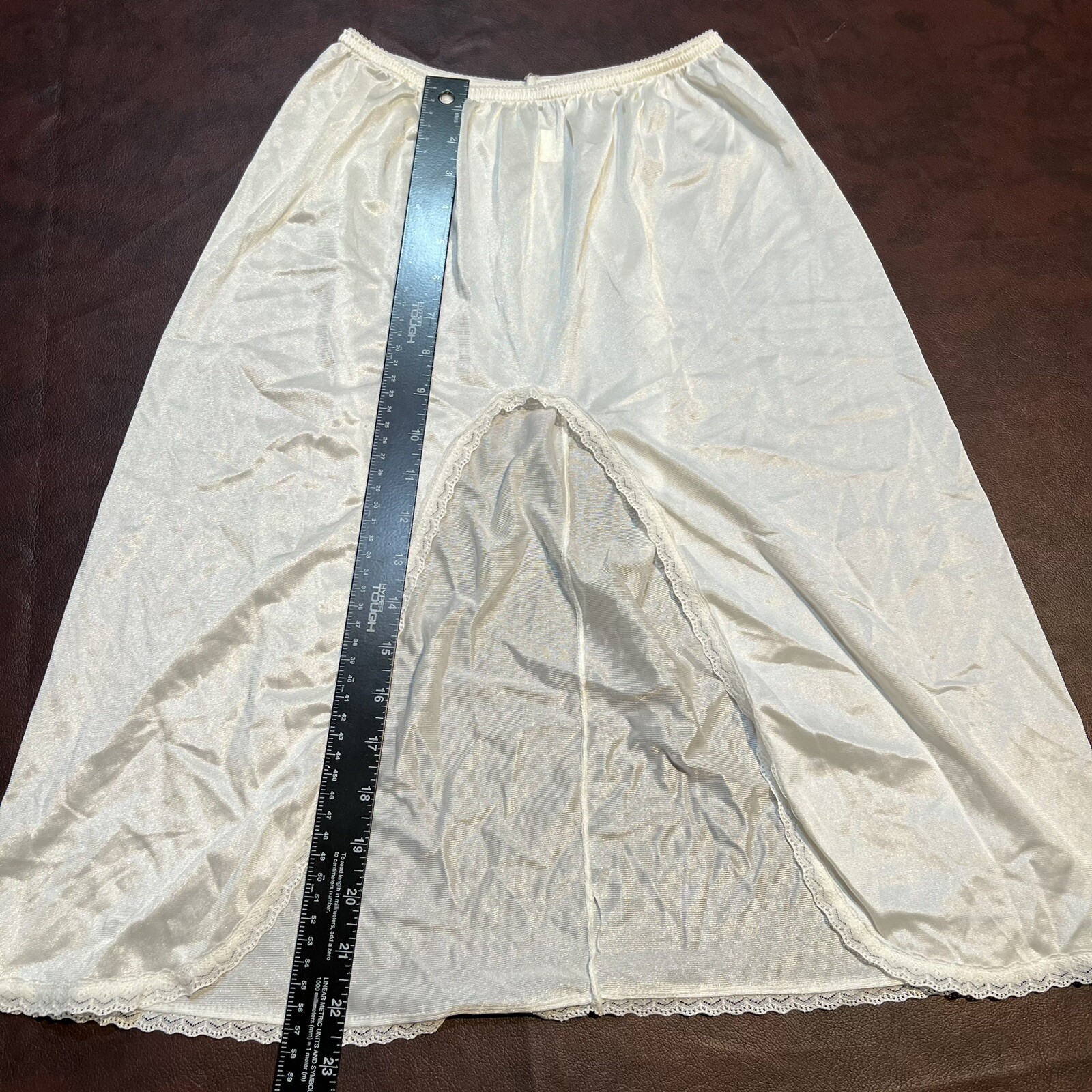 Vintage 70s Fortune Elastic Waist Slip Skirt Size M Lace Trim Cream One Slit