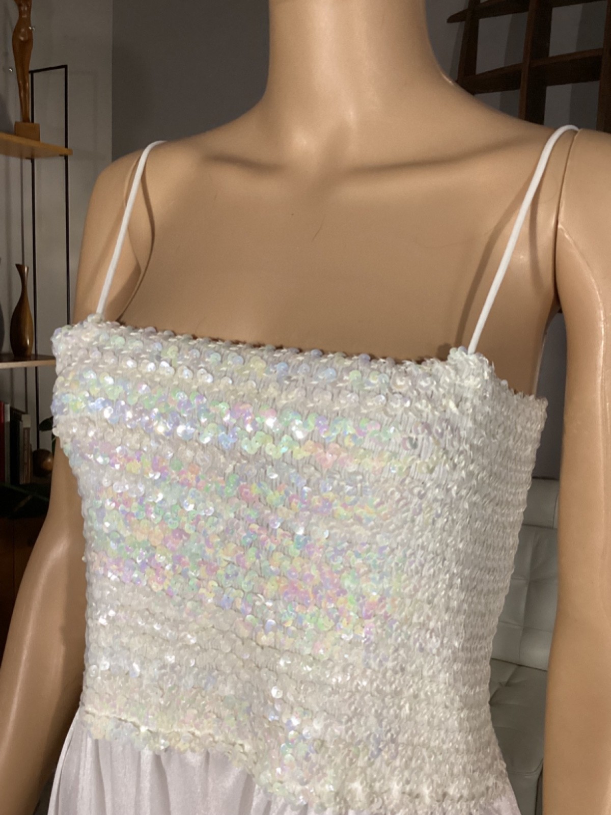 Vintage NOS Denise Fashions Iridescent Sequin White Sleeveless Maxi Party Dress