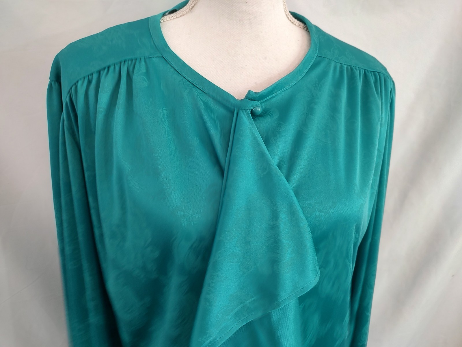 80’s Vintage Dress HHR Jade Green Shirt Dress Ruffle Poet Neck Long Sleeve Sz XL