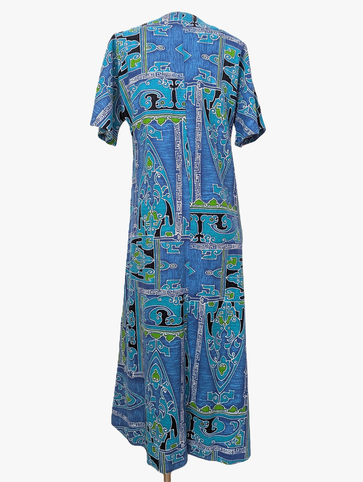 Vtg 70s Two Potato Tribal BARKCLOTH Angel Wing Boho Dress – Blues Greens MEDIUM