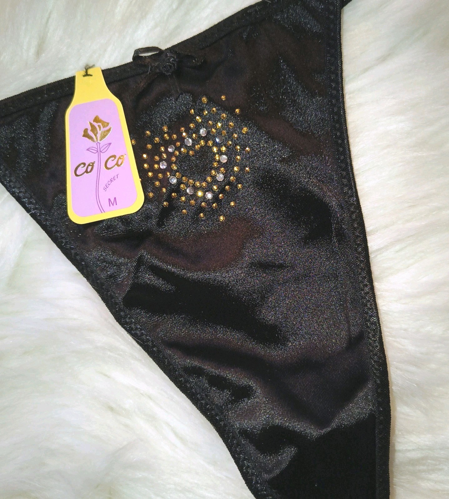 Vintage Coco Secret Second Skin Satin G-String Thong Panties Rhinestone Onyx M/6