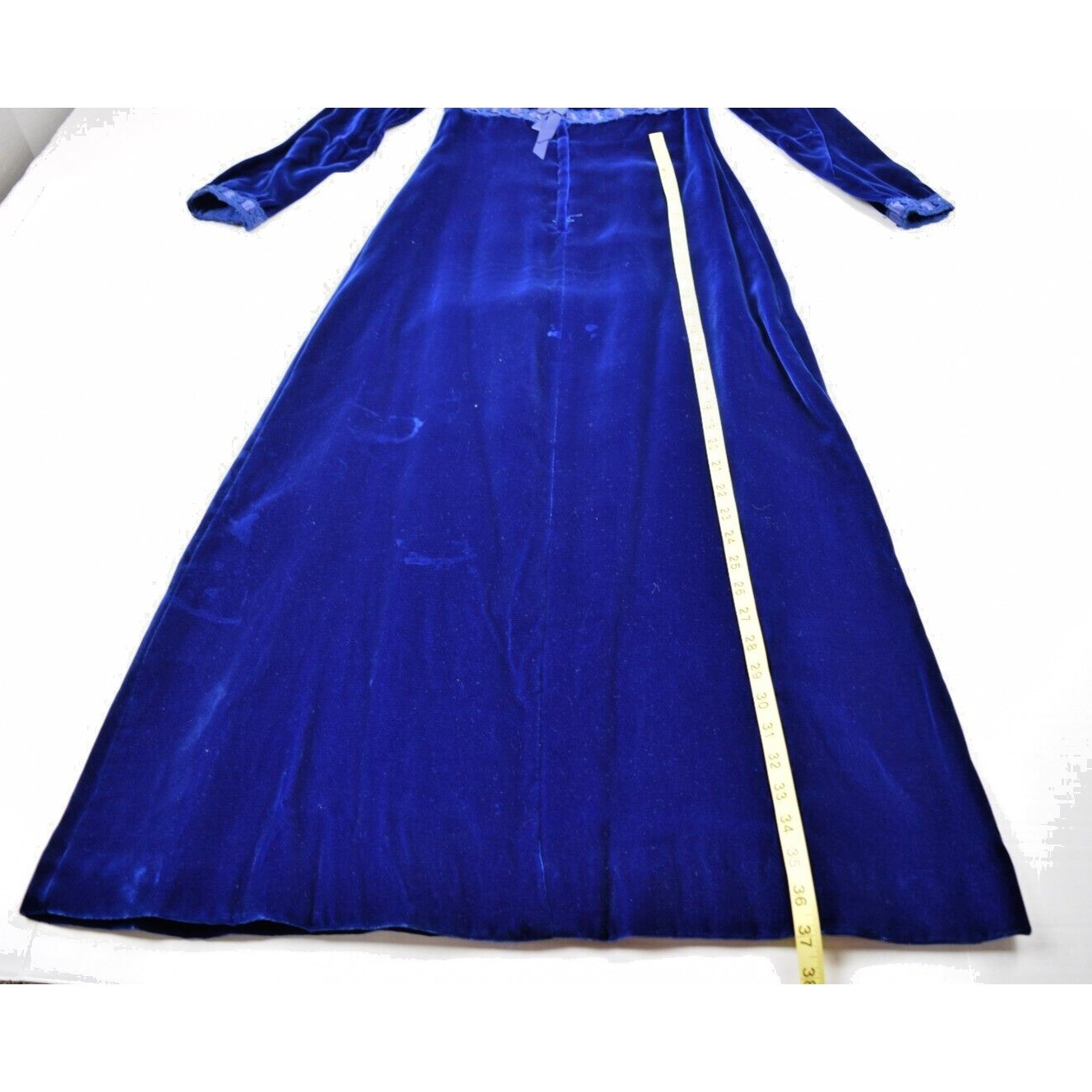 Vintage Dress Size S 70s Blue Velvet Ribbon Trim Empire Waist Button Back
