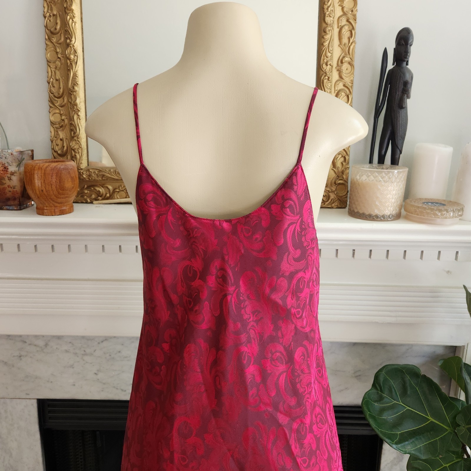 Vintage 80s Red Jacquard Ruffle Slip Dress Size Large Maxi Asymmetric Ruffle