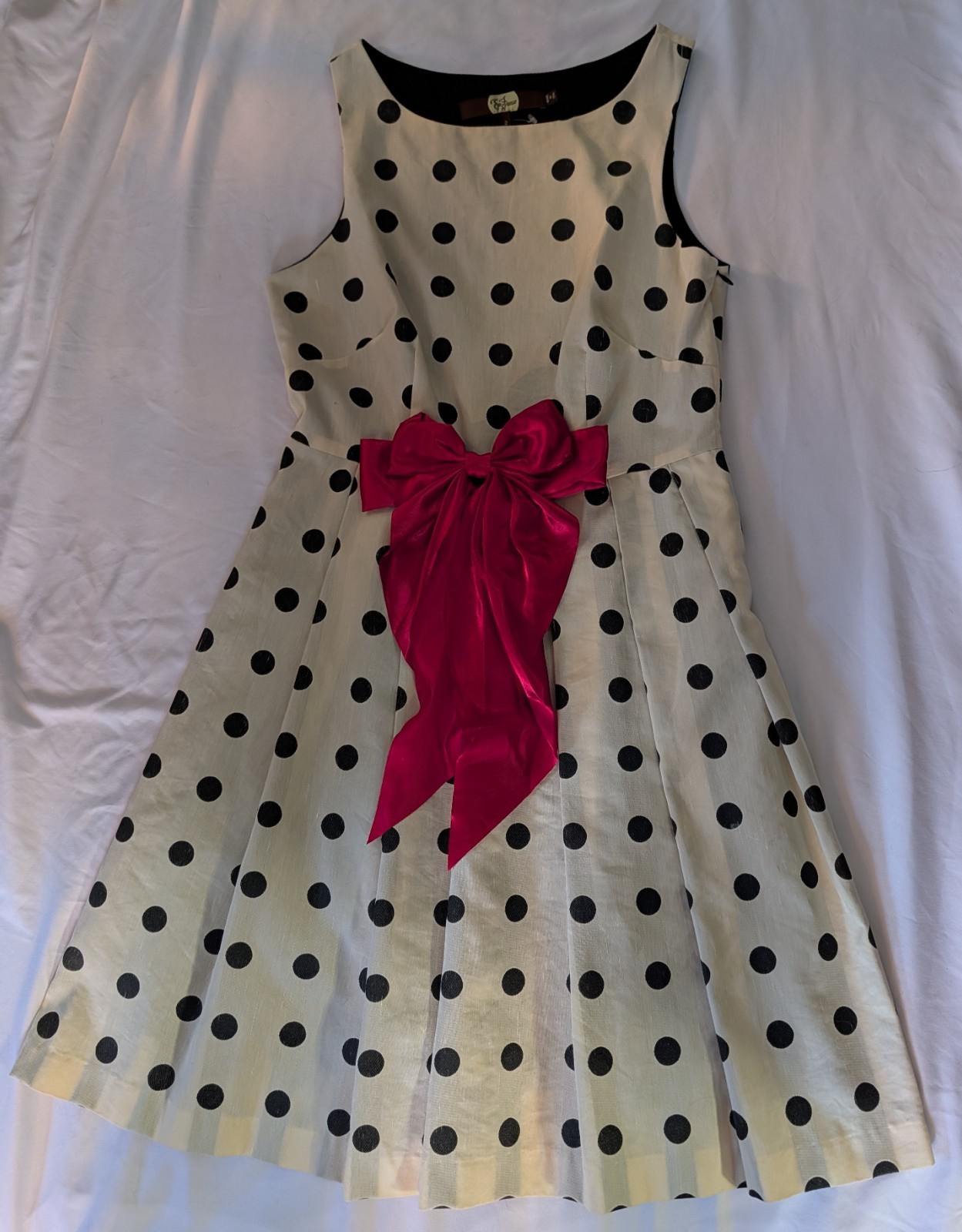 Anthropologie Eva Franco Dress Sz 2 Polka Dot VTG Lined A Line Pleats Red Bow