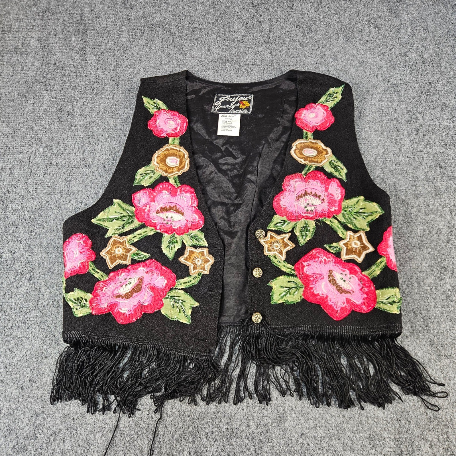VNTG 90’s JouJou Black Floral Embroidered Fringe Vest Small Boho Western 00-742