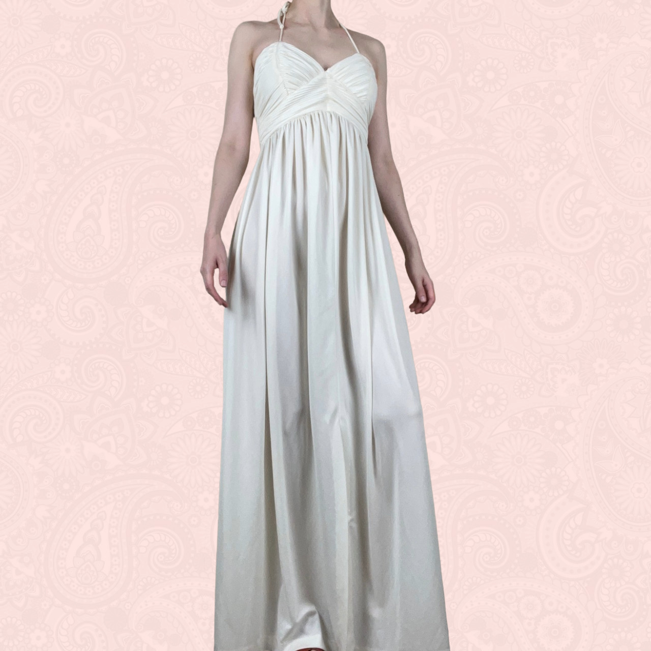 Vintage 70s Joy Stevens White Cream Strappy Halter Empire Waist Maxi Dress XS