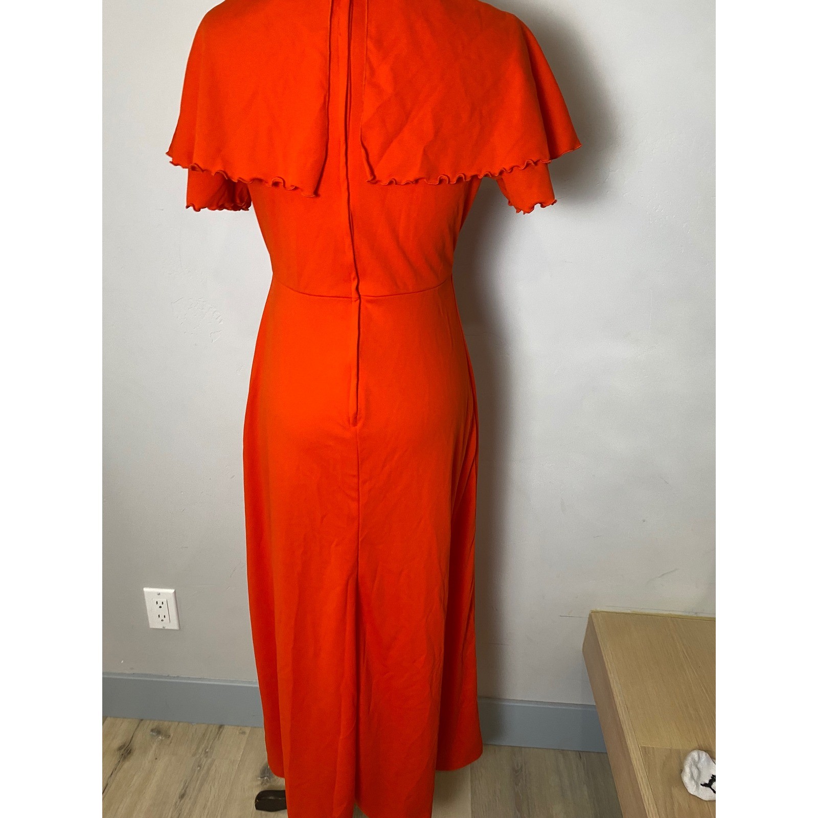 Vintage 70s Orange Fortrel Polyester Ruffle Halloween Empire Waist Maxi Dress S