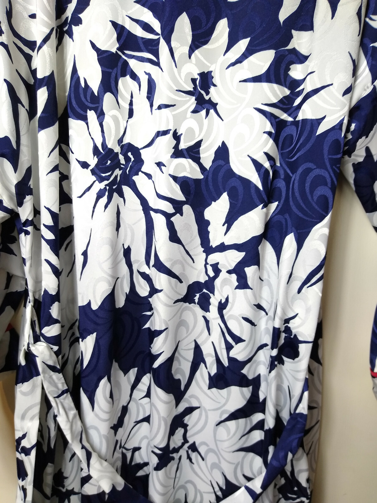 VTG GEORGETTE TRABOLSI NEIMAN MARCUS LONG ROBE SIZE L FLORAL NAVY WHITE