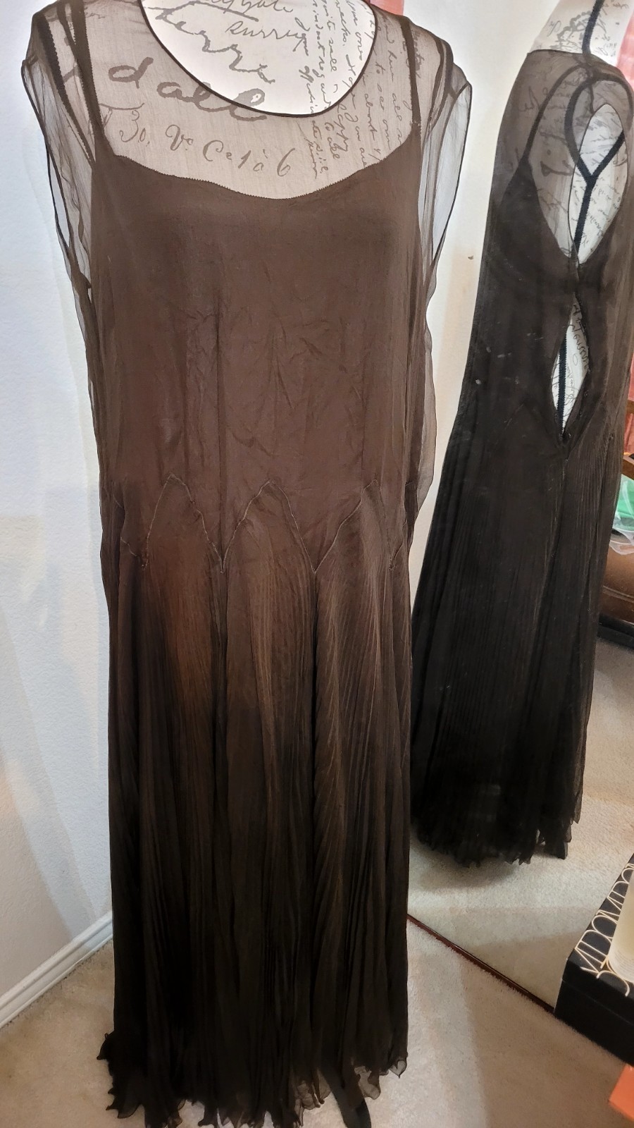 Vtg 1930s Chocolate Silk? Chiffon Dress Built-in Lining Floor Length Sz Large
