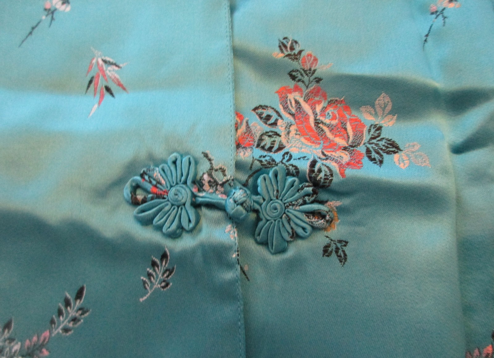 Vintage Turquoise Satin Brocade Asian Floral Robe – Size 42 – 1940s/60’s