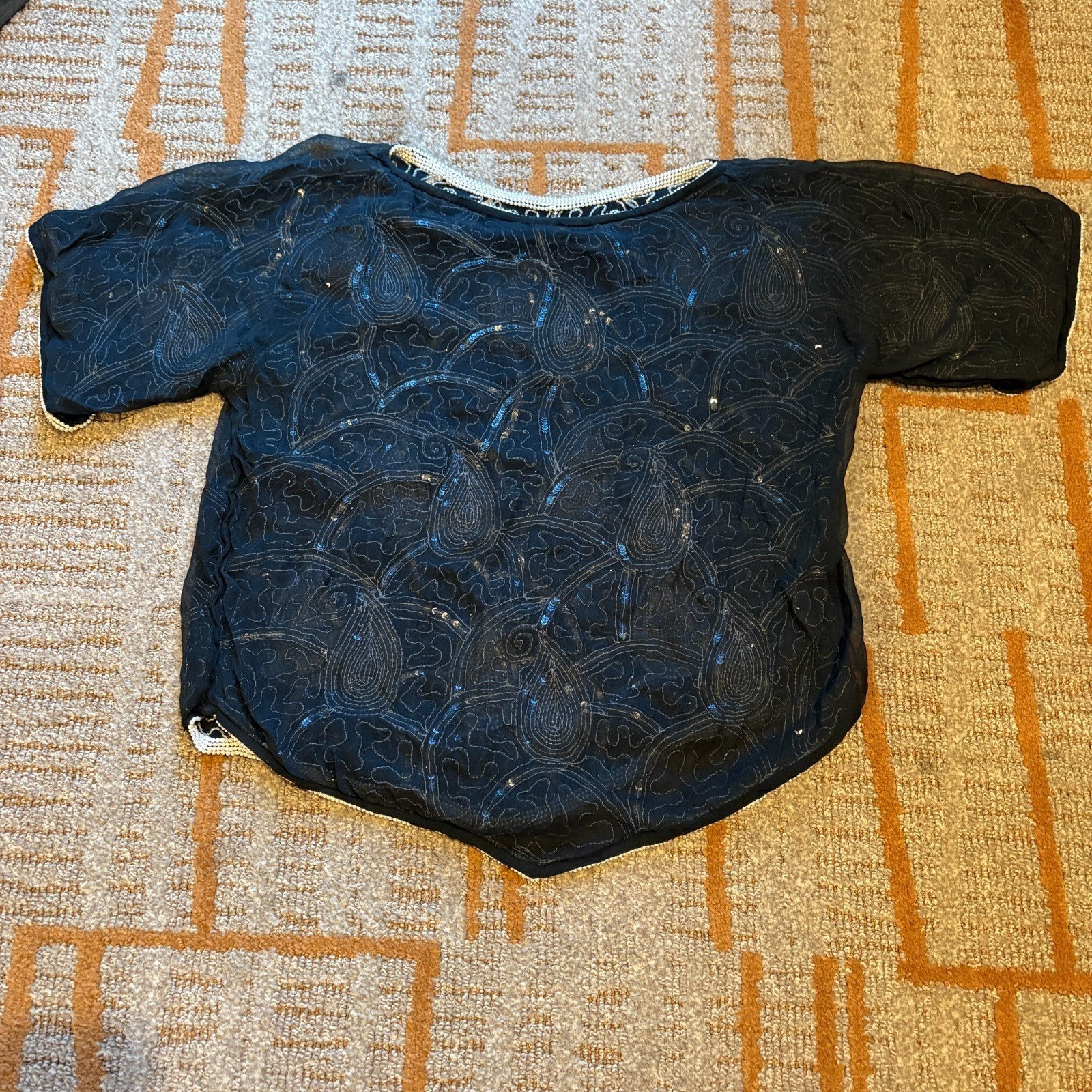 Vintage 80s Silk Beaded Blouse Statement Top Black Silver Pearl Sequins Sz S/M