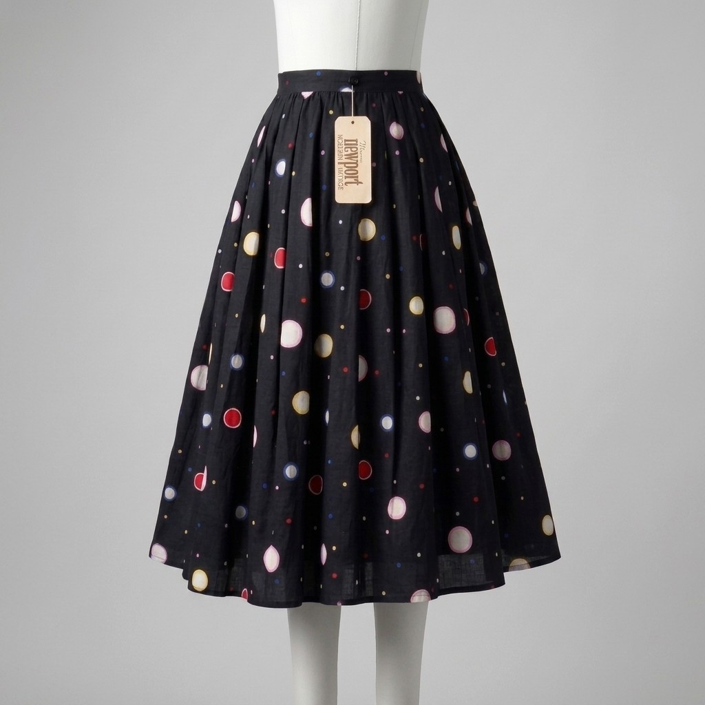 Vintage 1960s Newport Sportswear Toronto Black Polka Dot Full Flare Skirt 24″