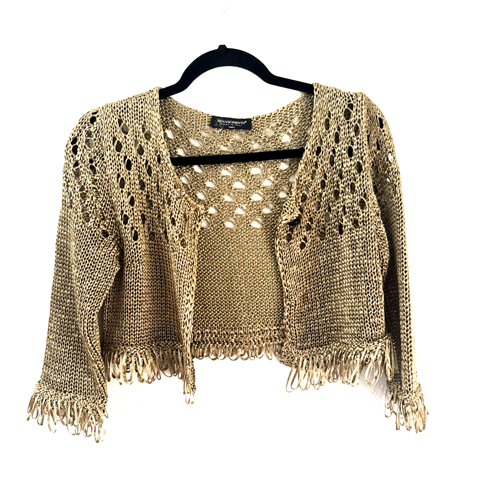 Rinascimento Crocheted Knit Cardigan Jacket Cropped Italian Gold Giacca Size M